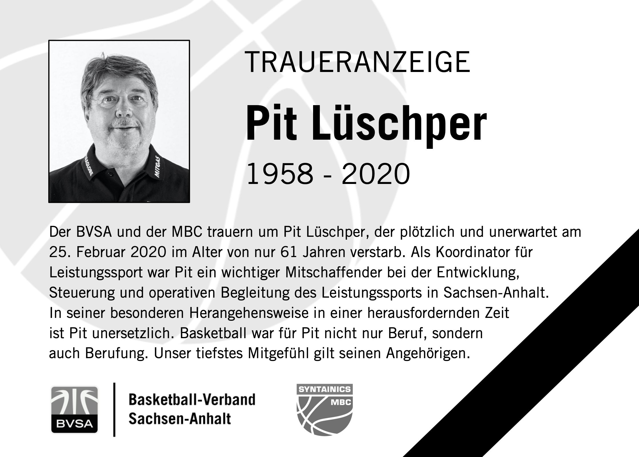 Traueranzeige für Pit Lüschper, der völlig unerwartet aus dem Leben schied. Traueranzeige für Pit Lüschper, der völlig unerwartet aus dem Leben schied.